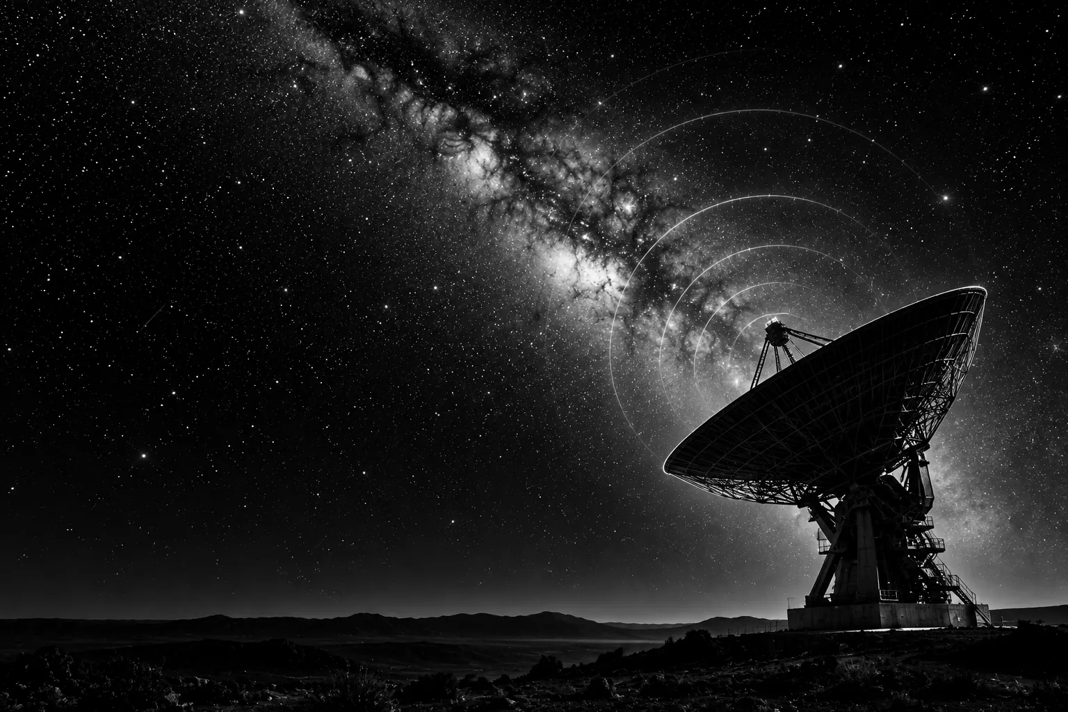 Radiotelescopio apuntando a la Vía Láctea mientras emite ondas