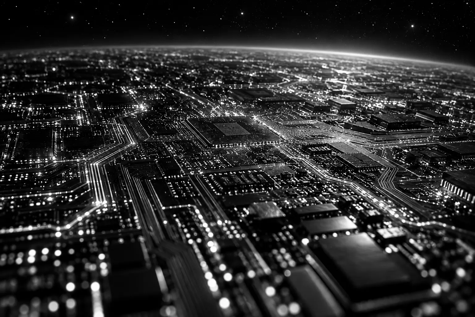 Microprocesador fotografiado como si fuera una ciudad vista desde la órbita