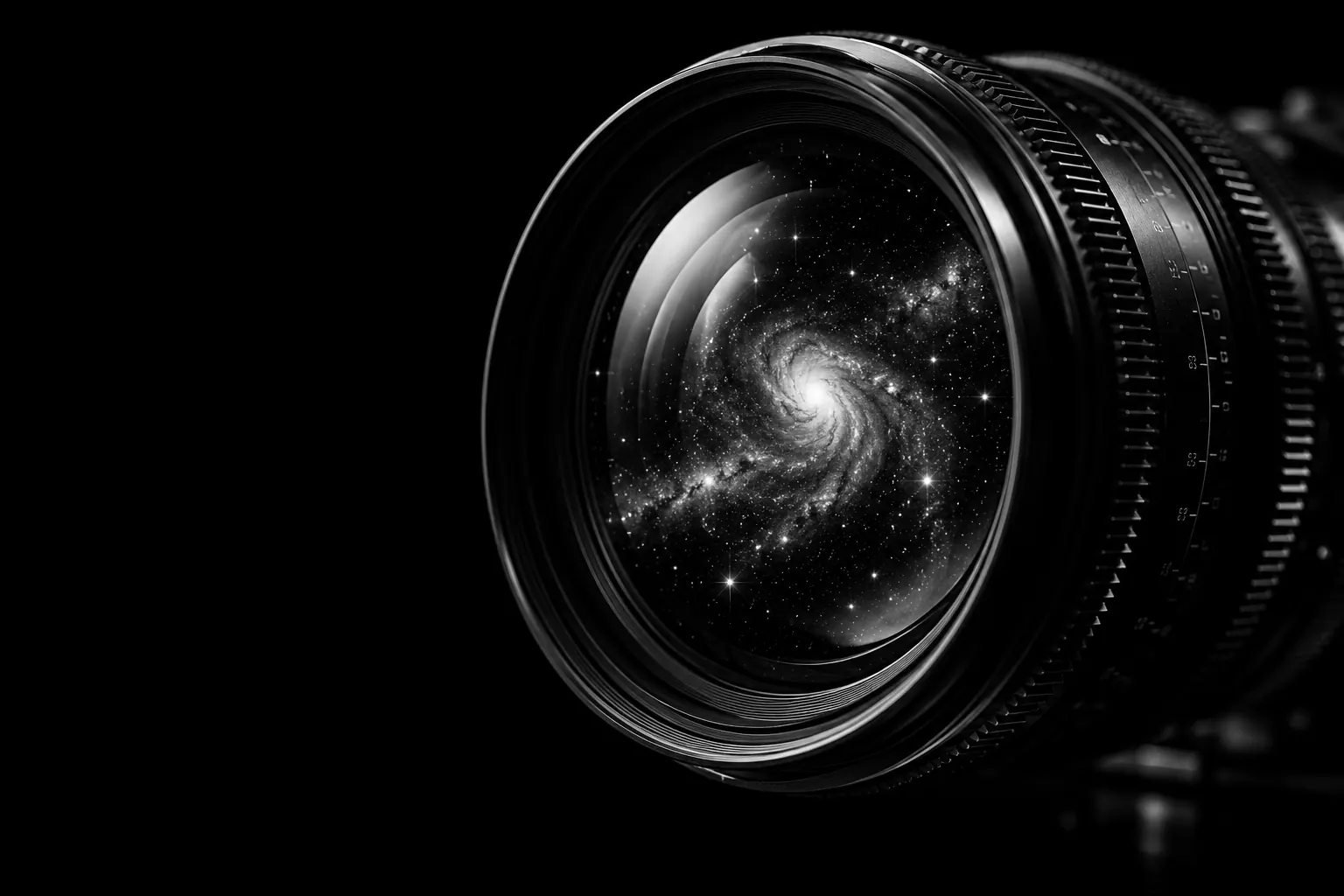 Objetivo de cámara de cine que refleja una galaxia espiral